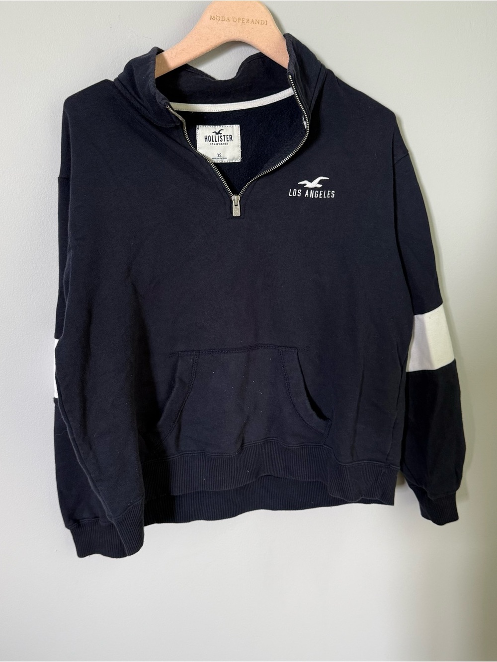 Hollister Navy Half-Zip Pullover with White Sleeve Panels